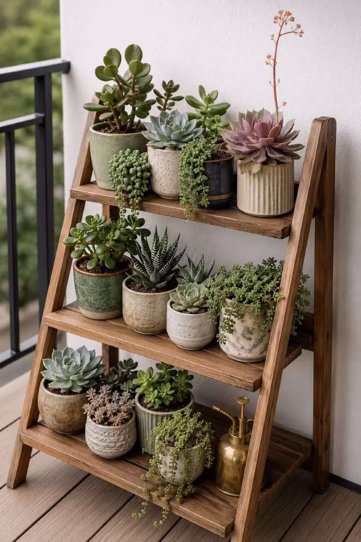 Three-tiered wooden plant stand displaying a curated succulent collection in ceramic pots