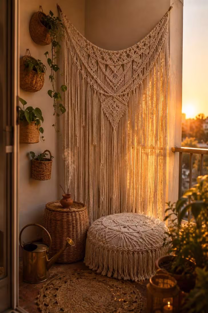 Bohemian balcony corner with macramé wall hanging, floor pouf, and woven baskets holding plants