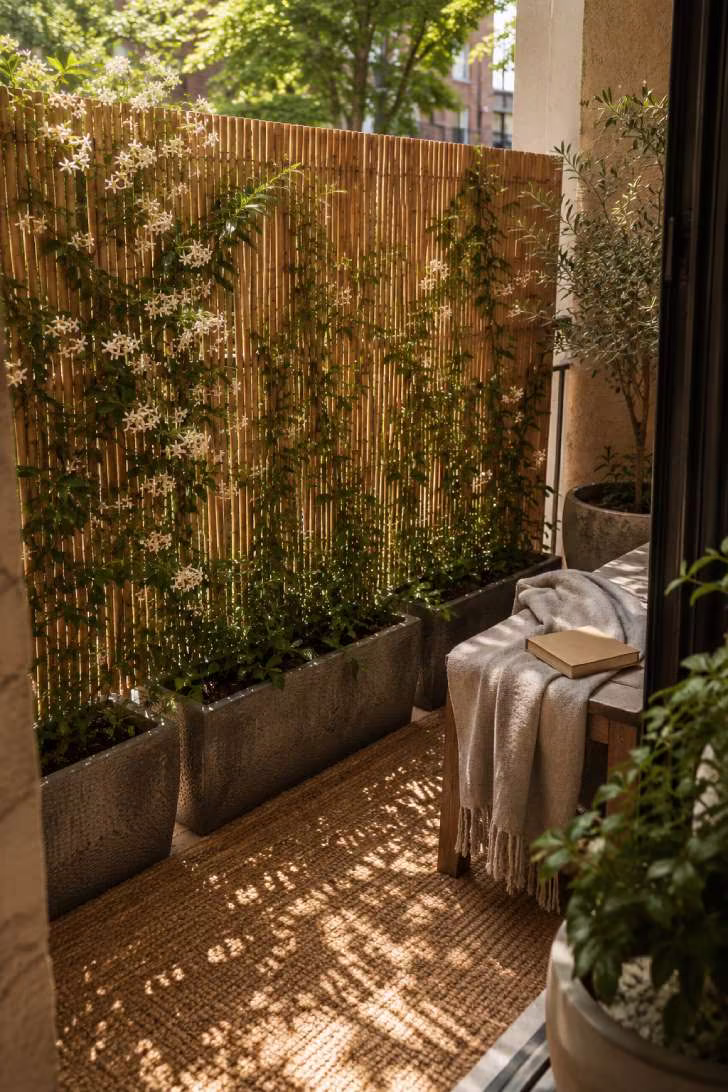 Bamboo balcony privacy screen with climbing jasmine, bench, and dappled light patterns