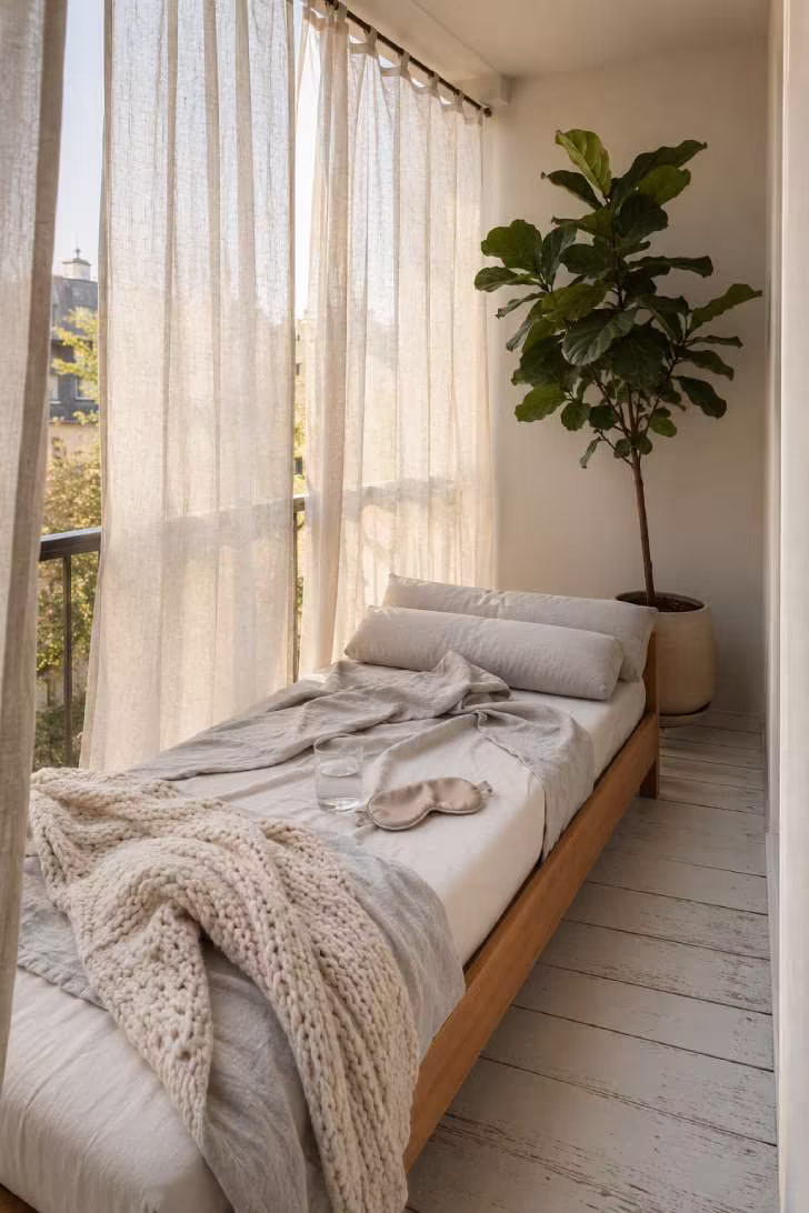 Narrow teak daybed with linen layers on a small balcony with sheer curtains and fiddle leaf fig