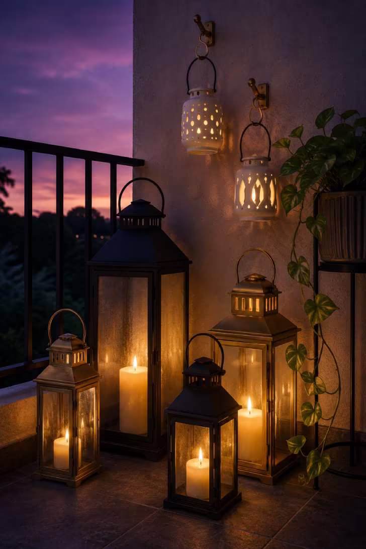 Collection of mixed-height lanterns in black metal, brass, and white ceramic clustered on a dusk balcony