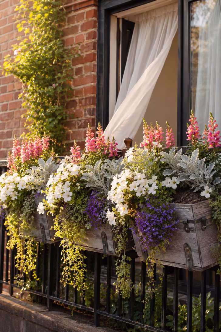 Three weathered window boxes on a balcony railing overflowing with petunias, lobelia, and snapdragons