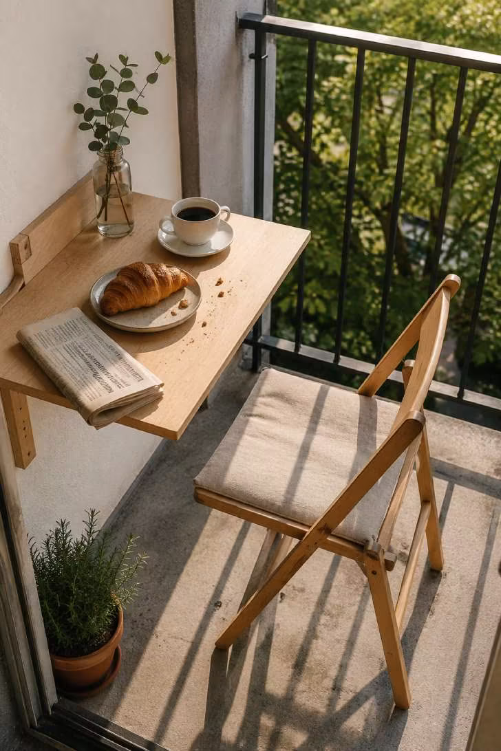 Small fold-down breakfast table set for one with croissant, coffee, and morning sunlight through railings