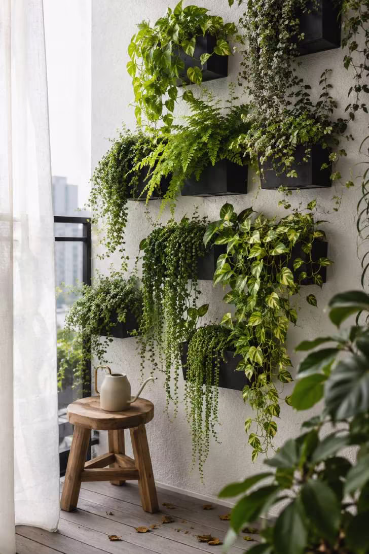 Vertical garden wall with cascading pothos and ferns in black wall-mounted planters
