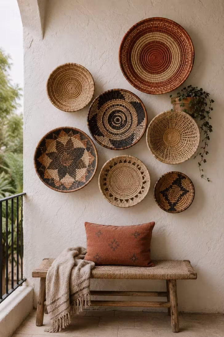 Gallery arrangement of seven handwoven baskets on a white stucco balcony wall above a wooden bench