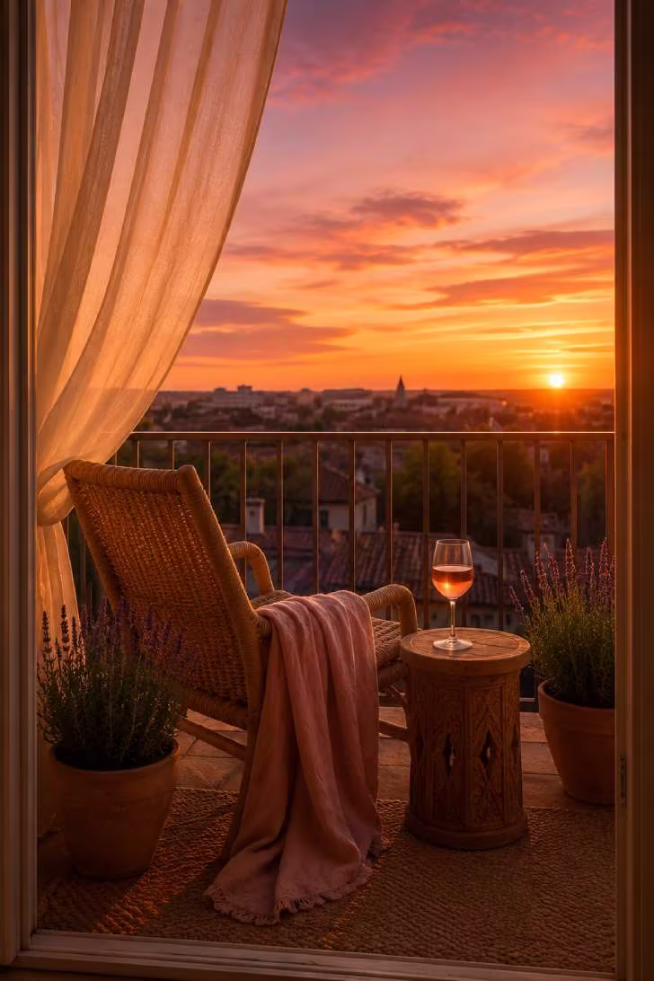 Low rattan lounge chair on a west-facing balcony arranged for sunset viewing with rosé and sheer curtains
