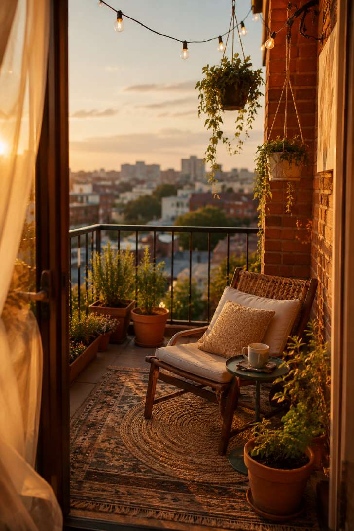 Beautifully decorated small apartment balcony at golden hour with layered textiles, plants, string lights, and a cozy reading chair