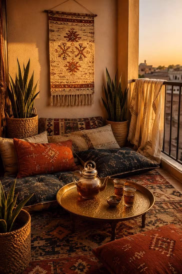 Moroccan-inspired floor cushion lounge on a small balcony with kilim rug and brass tray