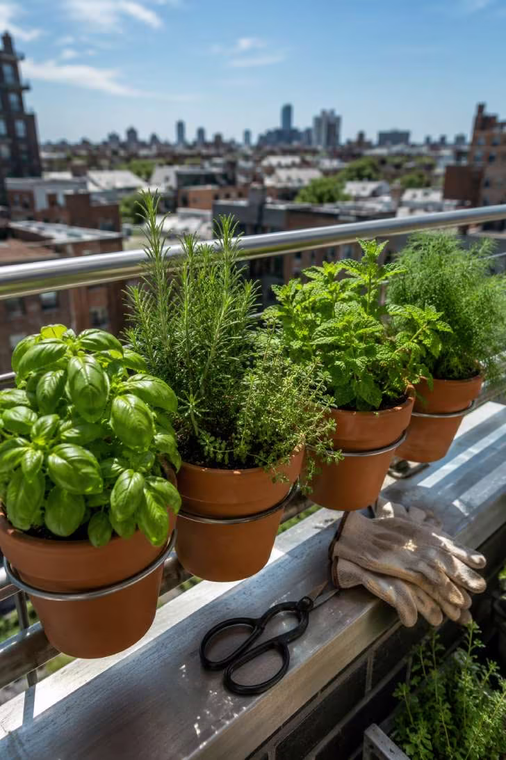Railing planters filled with fresh cooking herbs including basil, rosemary, and thyme on an apartment balcony