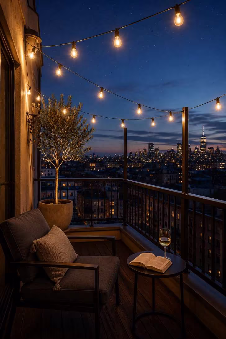 Twilight balcony scene with Edison string lights creating a warm canopy over a reading chair