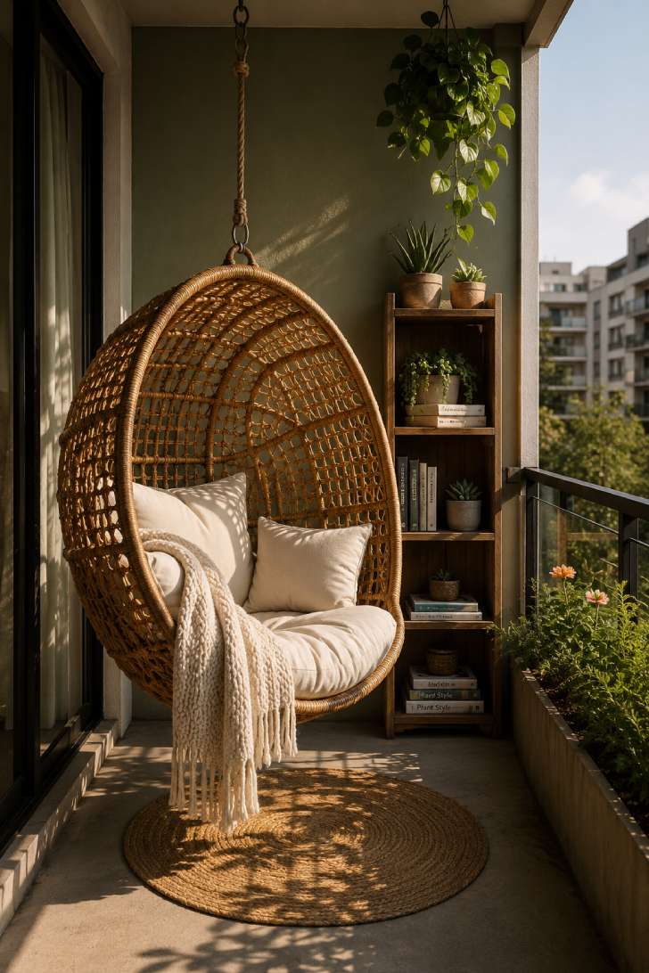 Hanging rattan egg chair with cream cushions on a narrow sage-green balcony