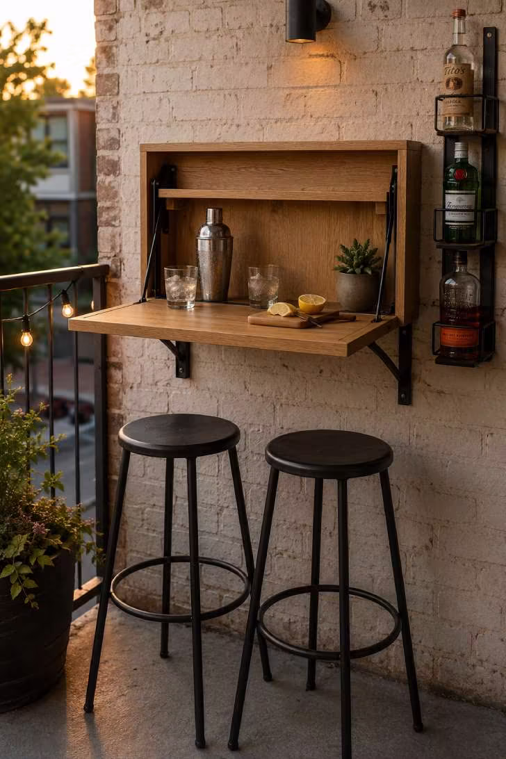 Wall-mounted fold-down bar shelf with cocktail setup and bar stools on a small brick balcony