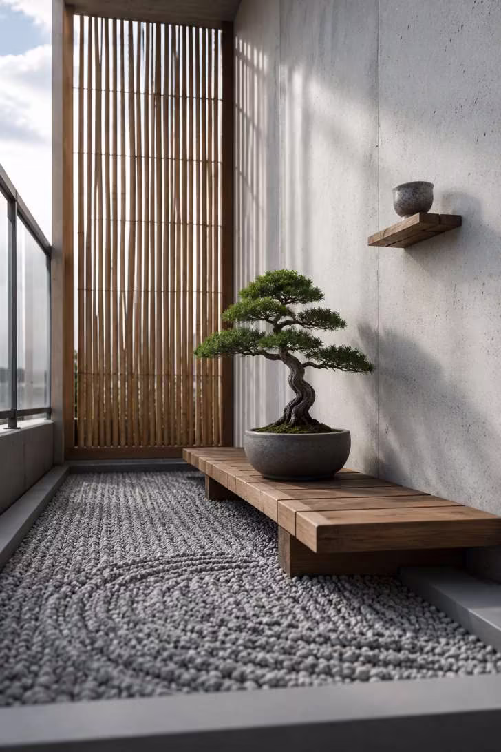 Minimalist Japanese-inspired balcony with bonsai, pebble floor, and bamboo screen