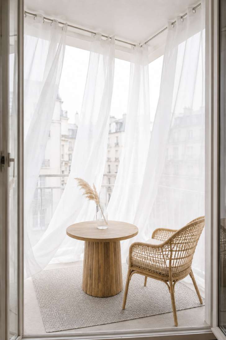 Small balcony enclosed with billowing sheer white curtains creating a soft, diffused light canopy