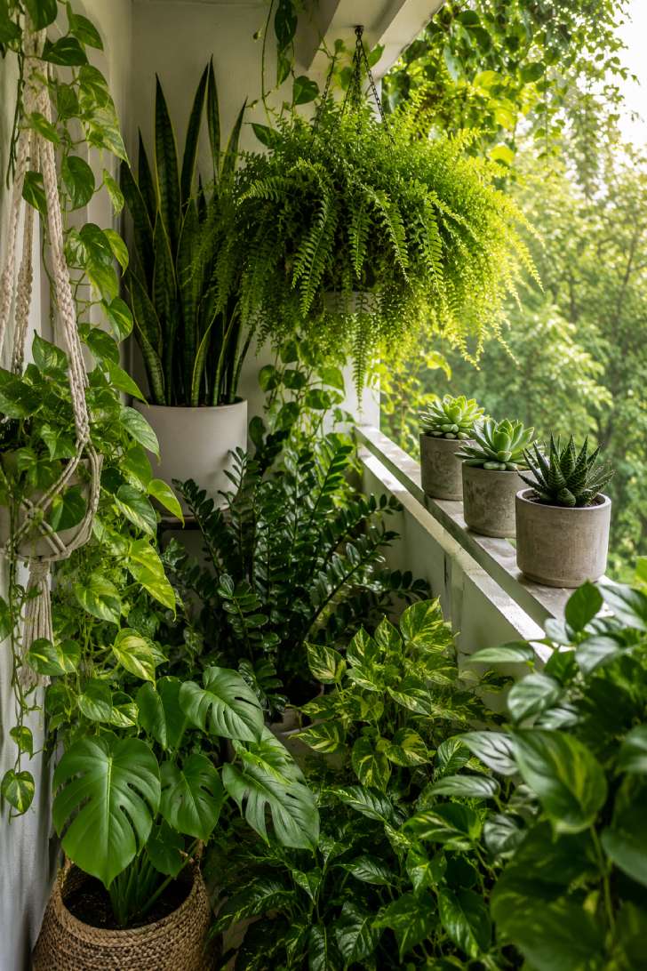 All-green plant collection on a small balcony with varying heights and textures in white and concrete planters