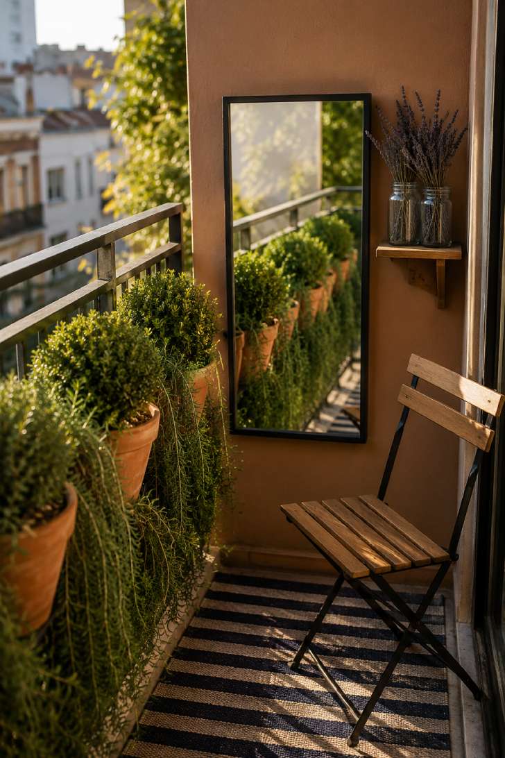 Outdoor mirror on a balcony wall reflecting potted plants and doubling the visual greenery