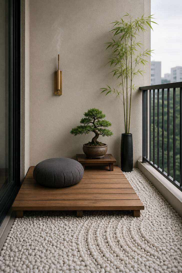 Japanese-inspired zen balcony with cedar platform, meditation cushion, bonsai, and raked white pebbles