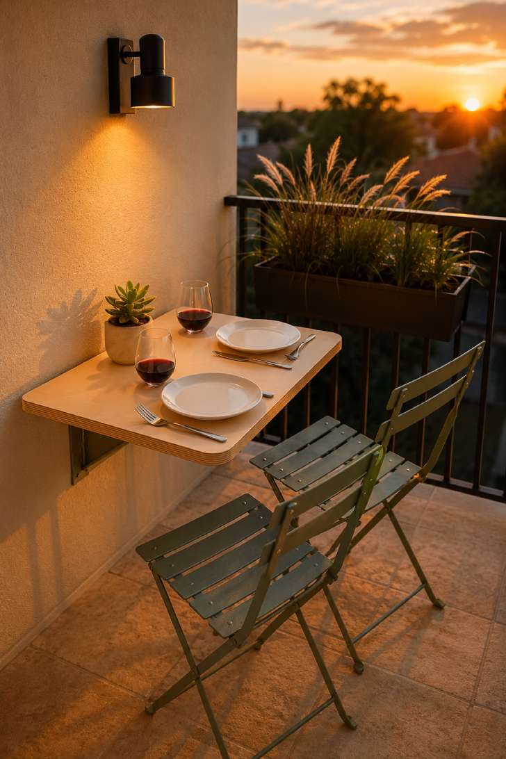 Wall-mounted drop-leaf dining table with sage green chairs set for dinner on a small balcony at sunset