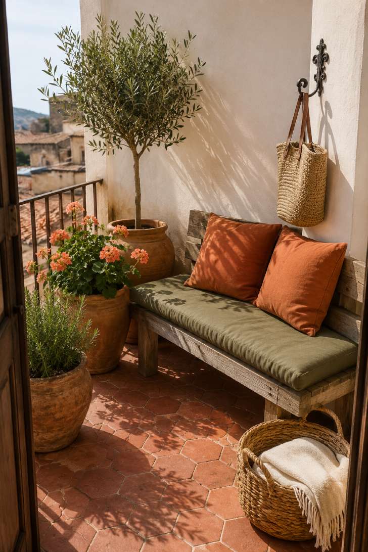 Mediterranean-inspired balcony with terracotta tiles, olive-green bench cushion, clay pots, and an olive tree