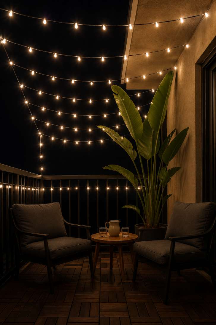 Overhead canopy of warm white string lights over a small balcony with charcoal chairs and bird of paradise plant