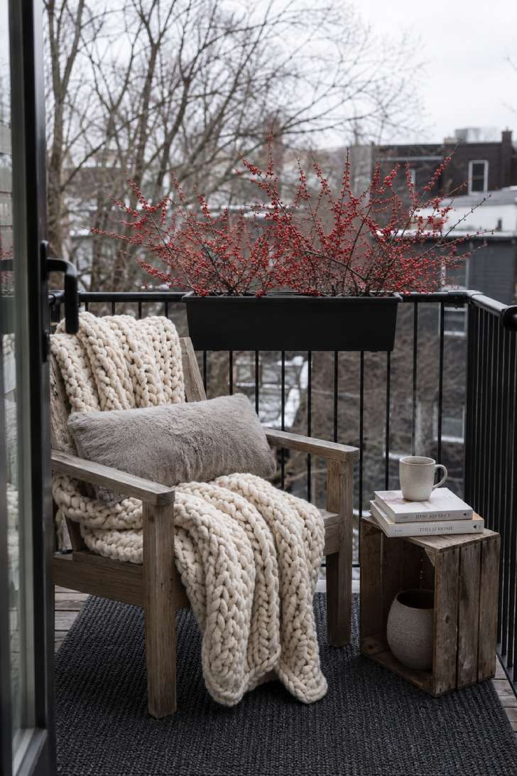 Winter-styled balcony with chunky knit throw, faux fur pillow, steaming mug, and winterberry branches