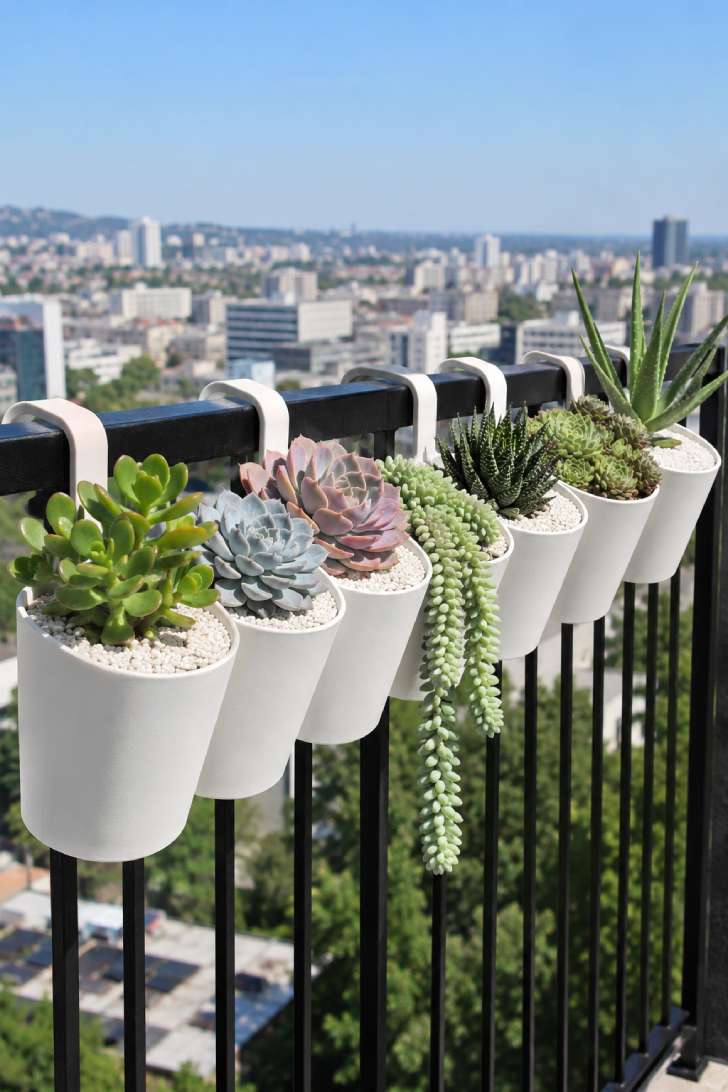Row of railing-mounted white planters filled with assorted succulents including echeveria, jade, and trailing donkey's tail