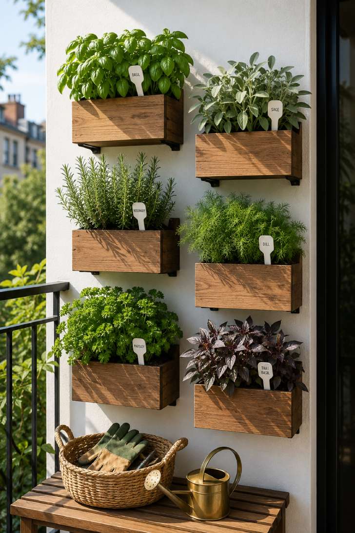 Wall-mounted wooden planter boxes with assorted herbs on a white balcony wall in morning light
