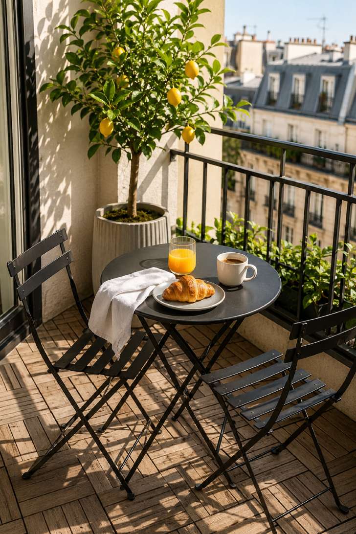 Black folding bistro set with breakfast on a small balcony with wood deck tiles and a potted lemon tree