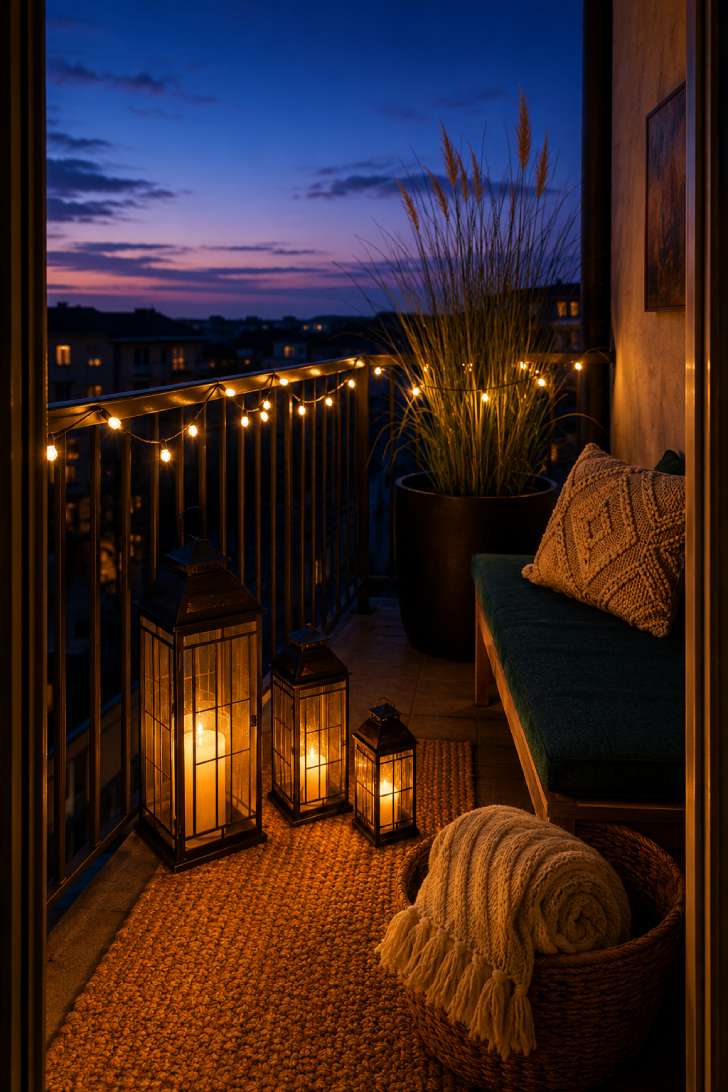 Twilight balcony scene with three solar lanterns, string lights, and a teal-cushioned bench