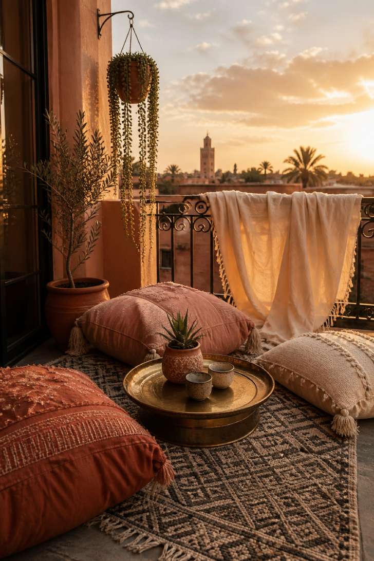 Floor cushion lounge on a small balcony with brass tray table and geometric rug in warm earth tones
