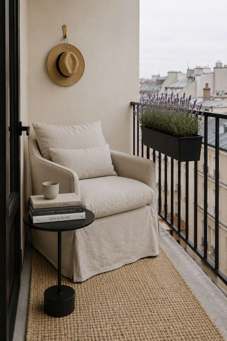 Minimalist balcony reading nook with a linen armchair, black side table, and lavender planter