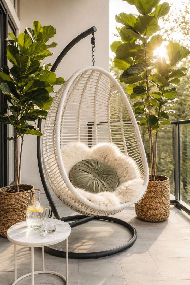 White rattan hanging egg chair with sage cushion on a small balcony flanked by fiddle leaf fig plants