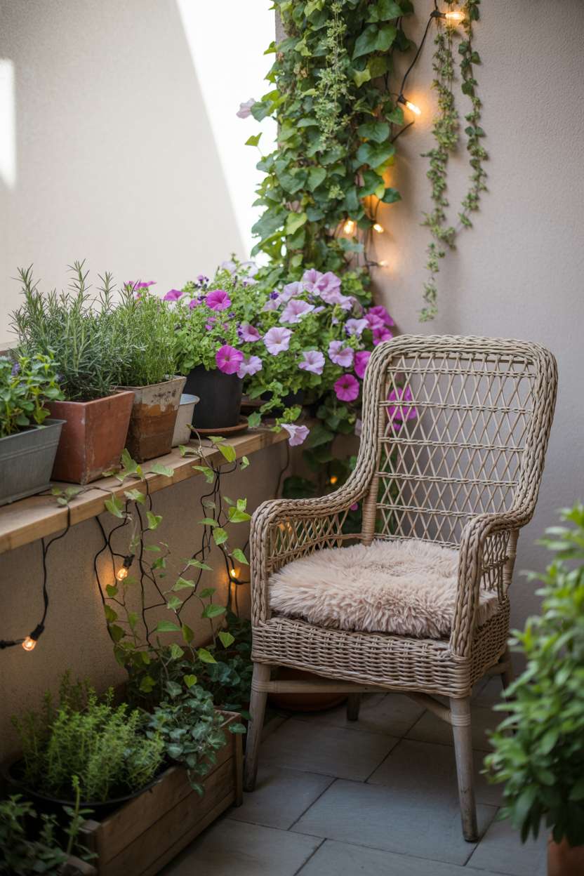 33 Beautiful Small Balcony Garden Ideas You’ll Love 1 Stylish balcony garden with vintage wicker chair, ivy-covered stone wall, and colorful petunias