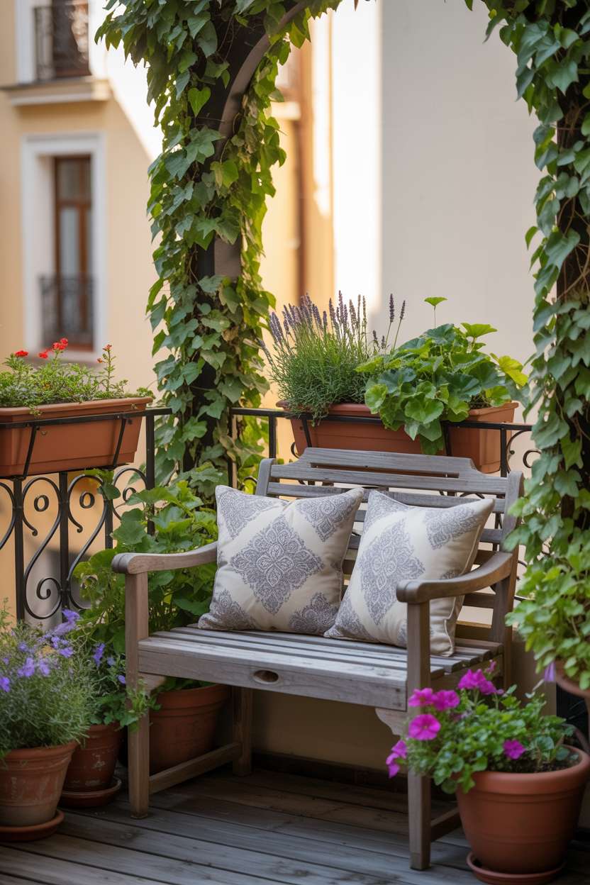33 Beautiful Small Balcony Garden Ideas You’ll Love 2 Cozy balcony featuring weathered wooden bench with patterned cushions surrounded by ivy and colorful flowers