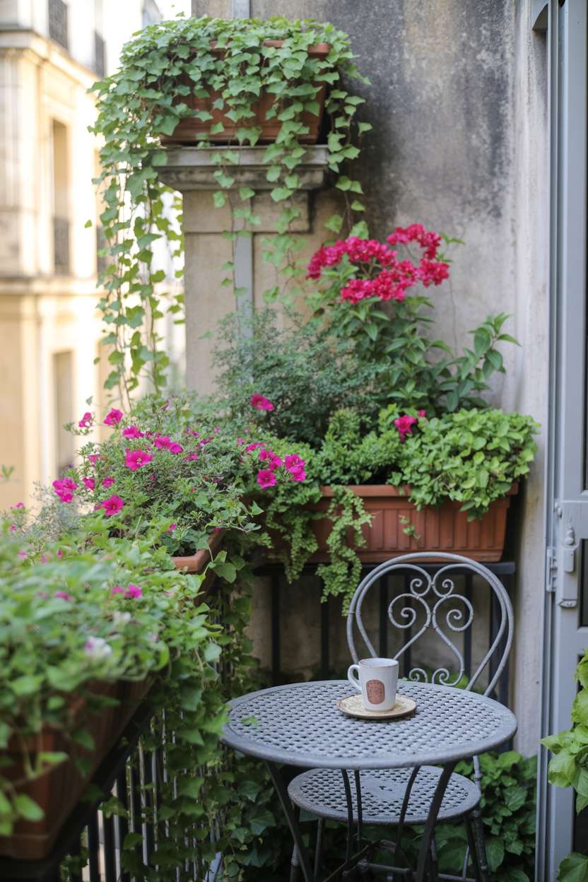 33 Beautiful Small Balcony Garden Ideas You’ll Love 3 Meticulously designed balcony with cascading ivy, bougainvillea, and antique bistro table
