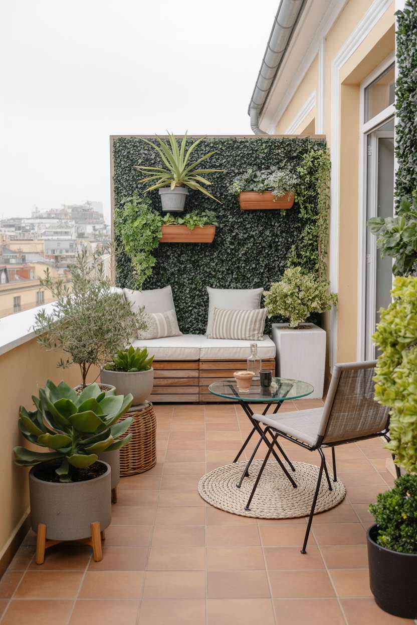 33 Beautiful Small Balcony Garden Ideas You’ll Love 4 Modern rooftop terrace with living wall, terracotta tiles, and contemporary furniture