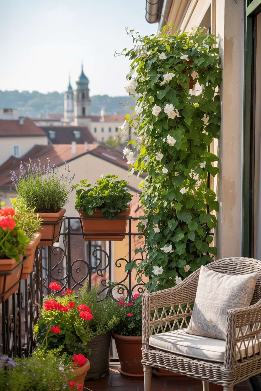 33 Beautiful Small Balcony Garden Ideas You’ll Love 5 Stylish balcony garden with jasmine vine, lavender plants, and European cityscape view