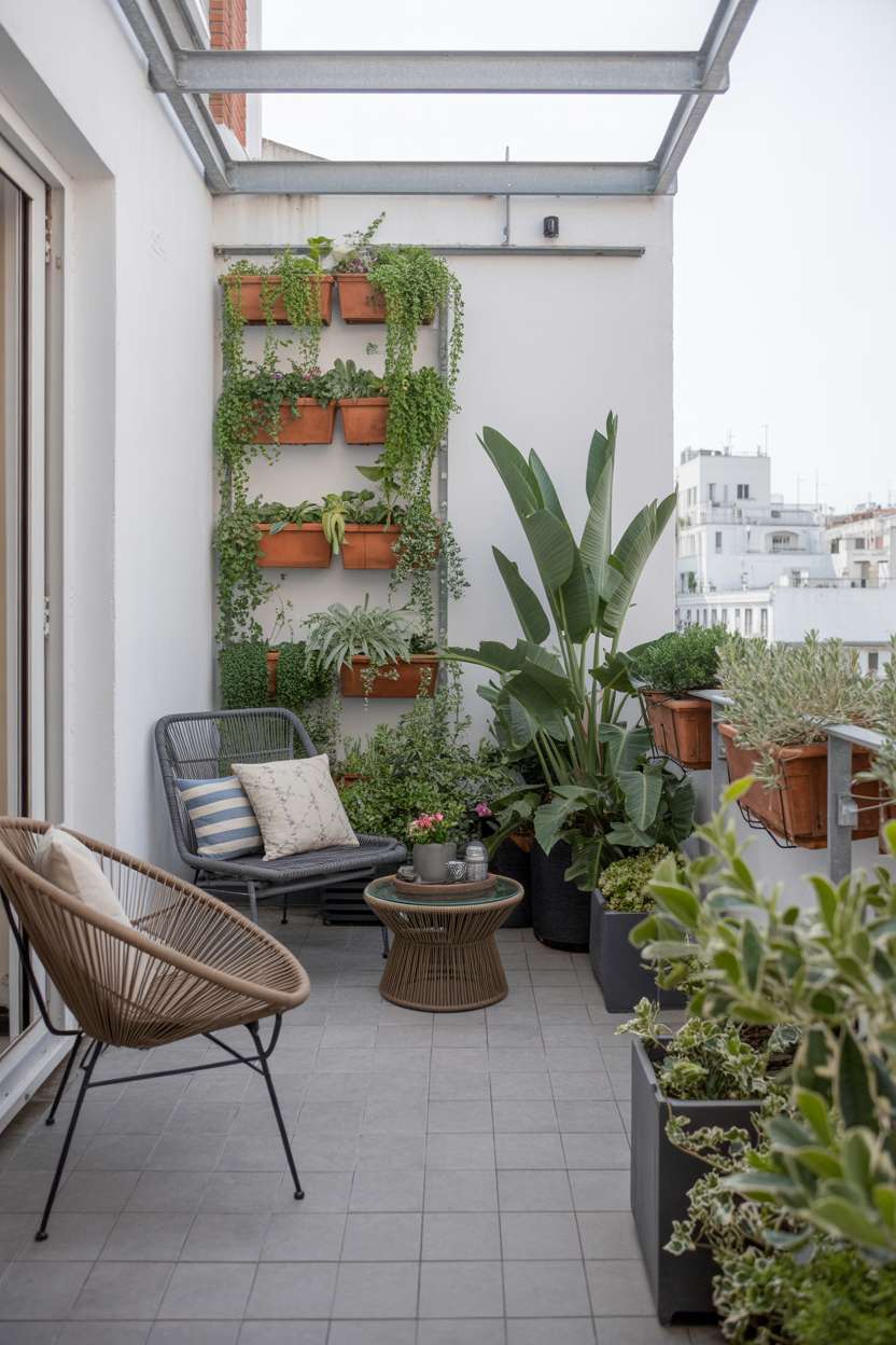 33 Beautiful Small Balcony Garden Ideas You’ll Love 6 Contemporary balcony with white tiles, black pergola, and vertical garden display