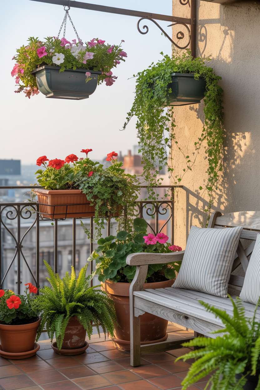 33 Beautiful Small Balcony Garden Ideas You’ll Love 8 Vibrant balcony garden with hanging planters, trailing petunias, and weathered wooden bench