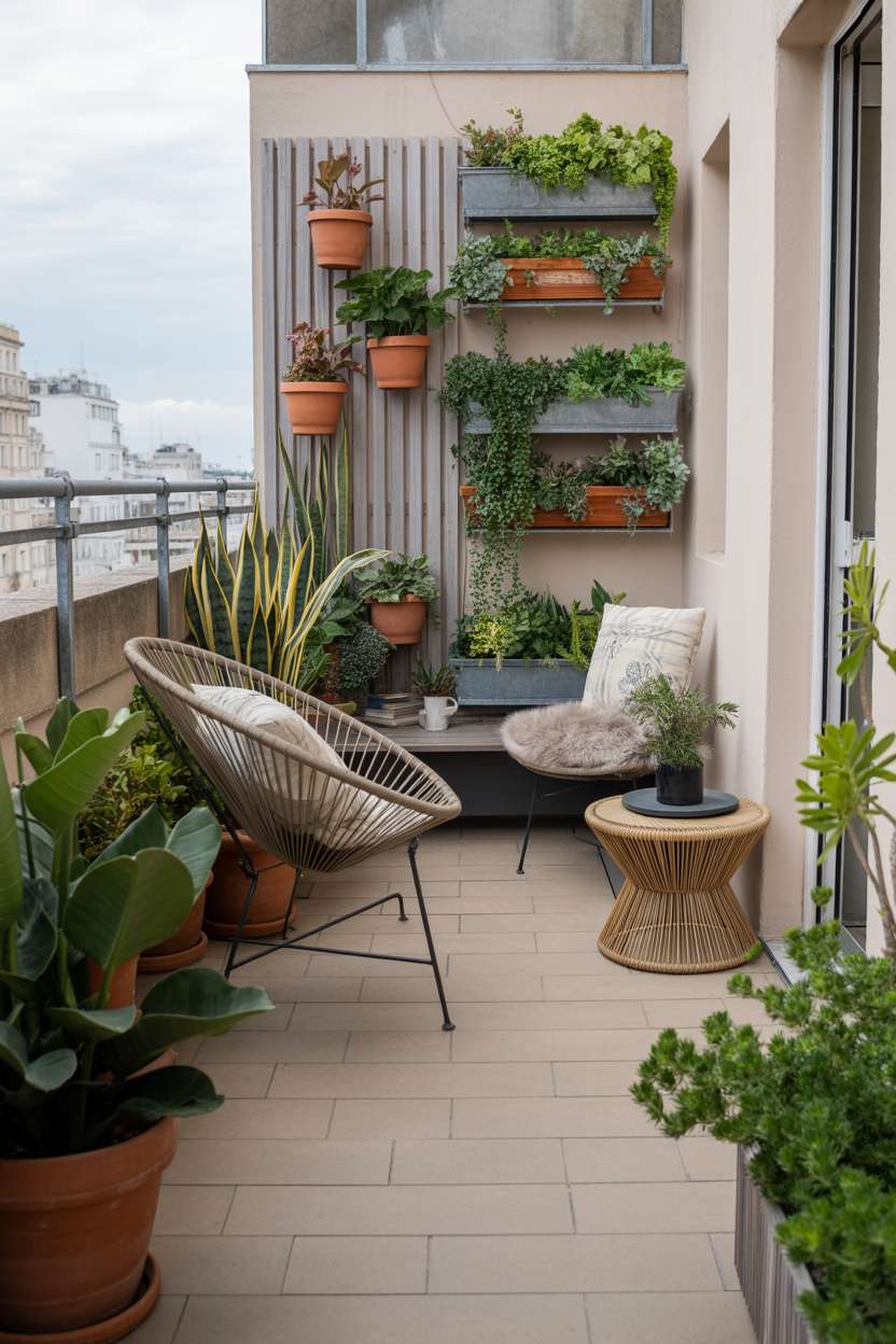 33 Beautiful Small Balcony Garden Ideas You’ll Love 9 Minimalist balcony with black Acapulco chair, vertical planters, and geometric design
