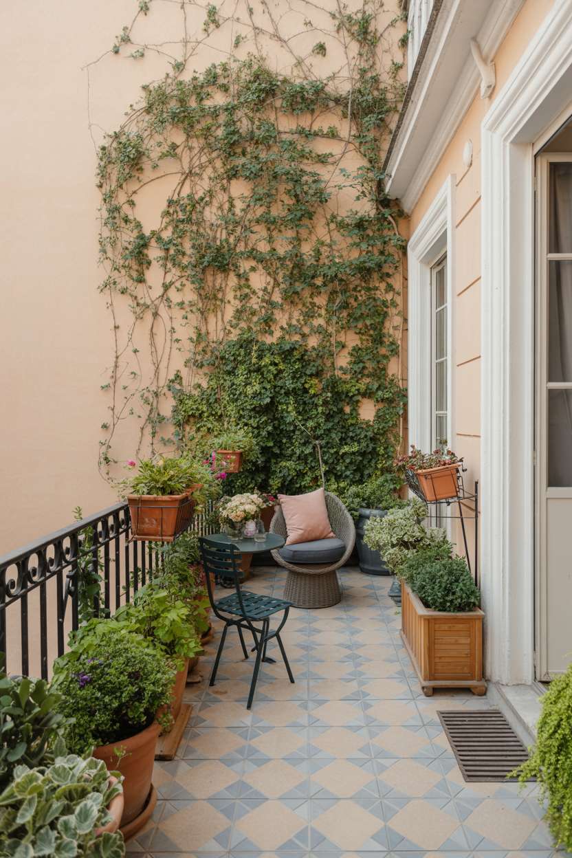 33 Beautiful Small Balcony Garden Ideas You’ll Love 10 Sunlit balcony with blue and white diamond tile flooring, wicker chair, and climbing vines