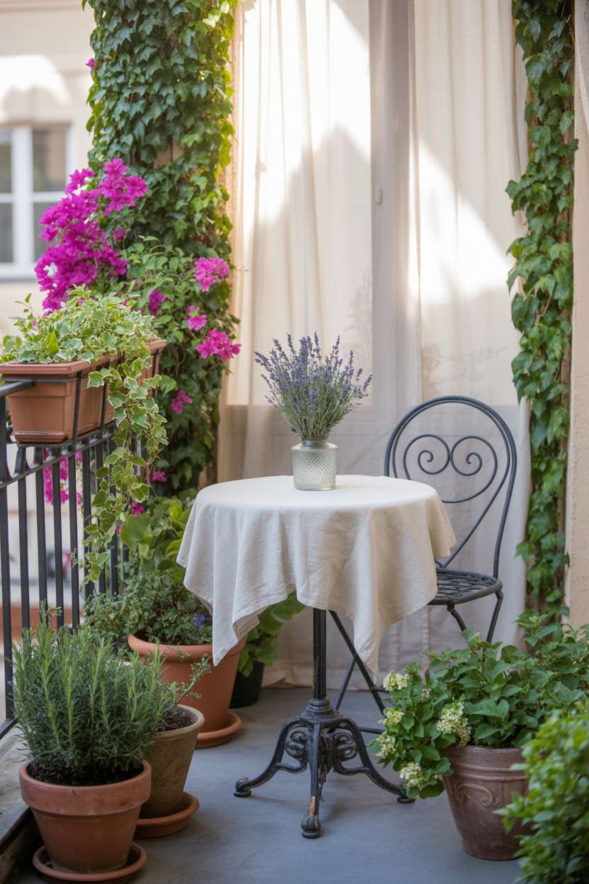 33 Beautiful Small Balcony Garden Ideas You’ll Love 11 Small balcony with vintage bistro table, lavender arrangement, and climbing ivy