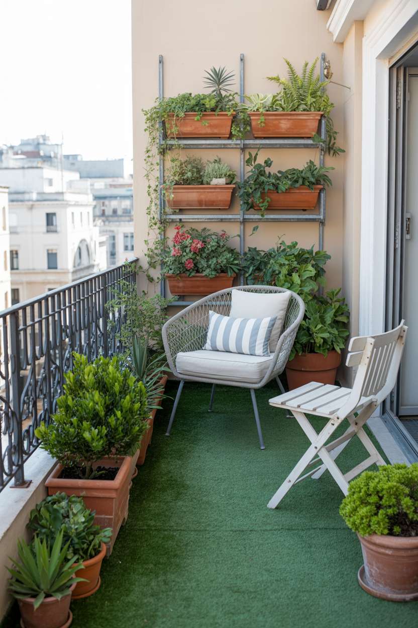 33 Beautiful Small Balcony Garden Ideas You’ll Love 12 Modern balcony with green artificial turf, metal shelving, and rope furniture