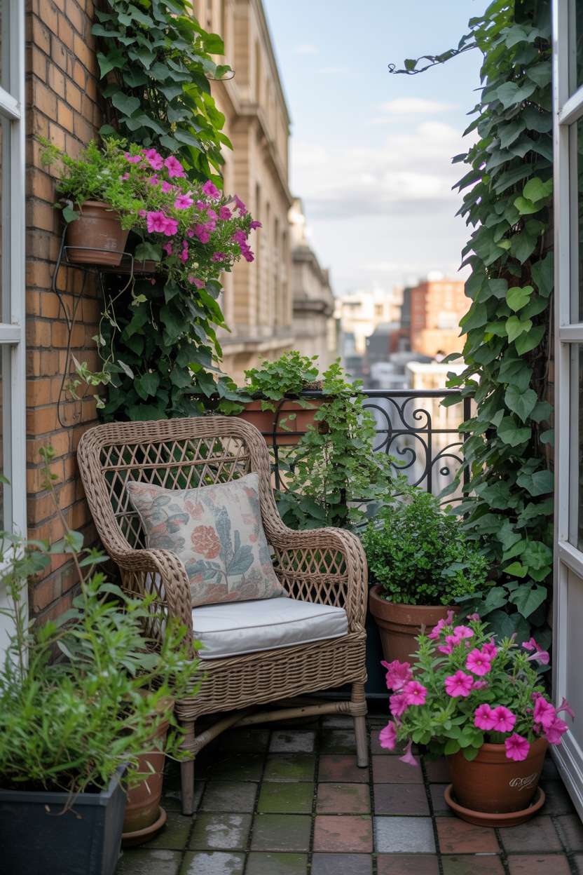 33 Beautiful Small Balcony Garden Ideas You’ll Love 13 Cozy balcony with wicker chair, trailing ivy, and weathered pavers