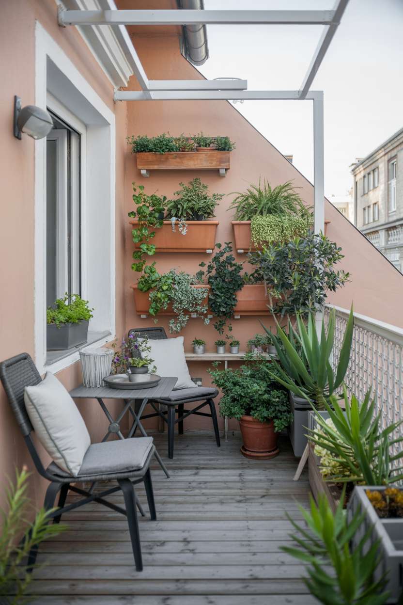 33 Beautiful Small Balcony Garden Ideas You’ll Love 14 Balcony with peach walls, mounted planters, and succulent collection