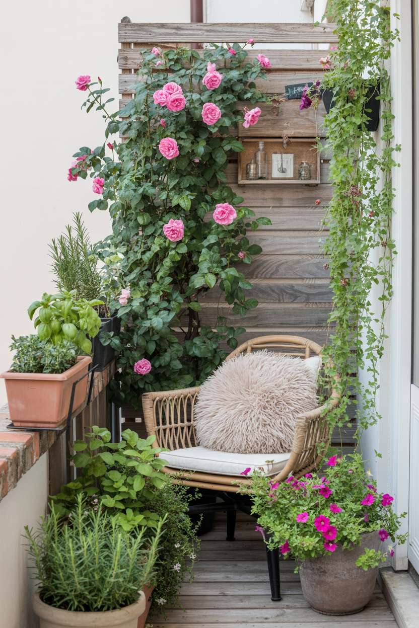 33 Beautiful Small Balcony Garden Ideas You’ll Love 15 Compact balcony with climbing roses, wooden trellis, and herb containers