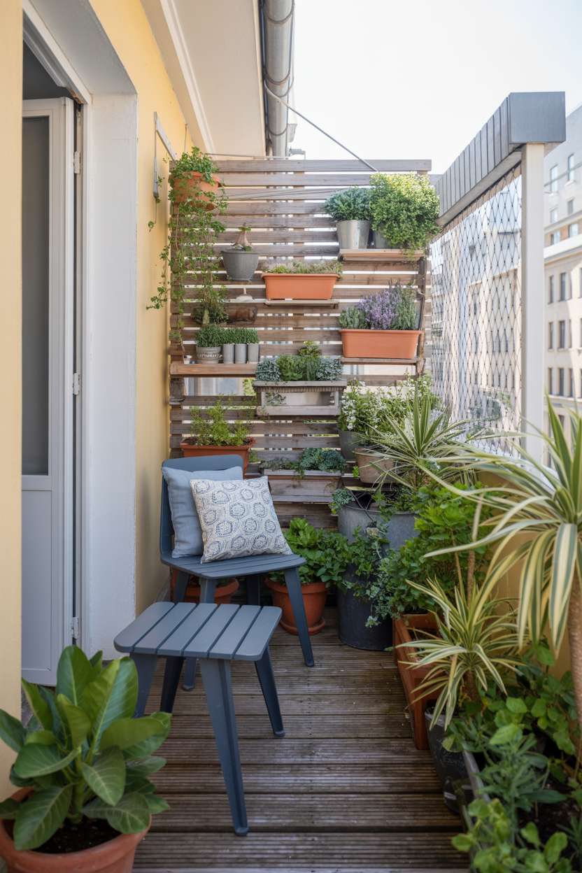 33 Beautiful Small Balcony Garden Ideas You’ll Love 16 Narrow balcony with wooden privacy screen, mounted planters, and navy chair