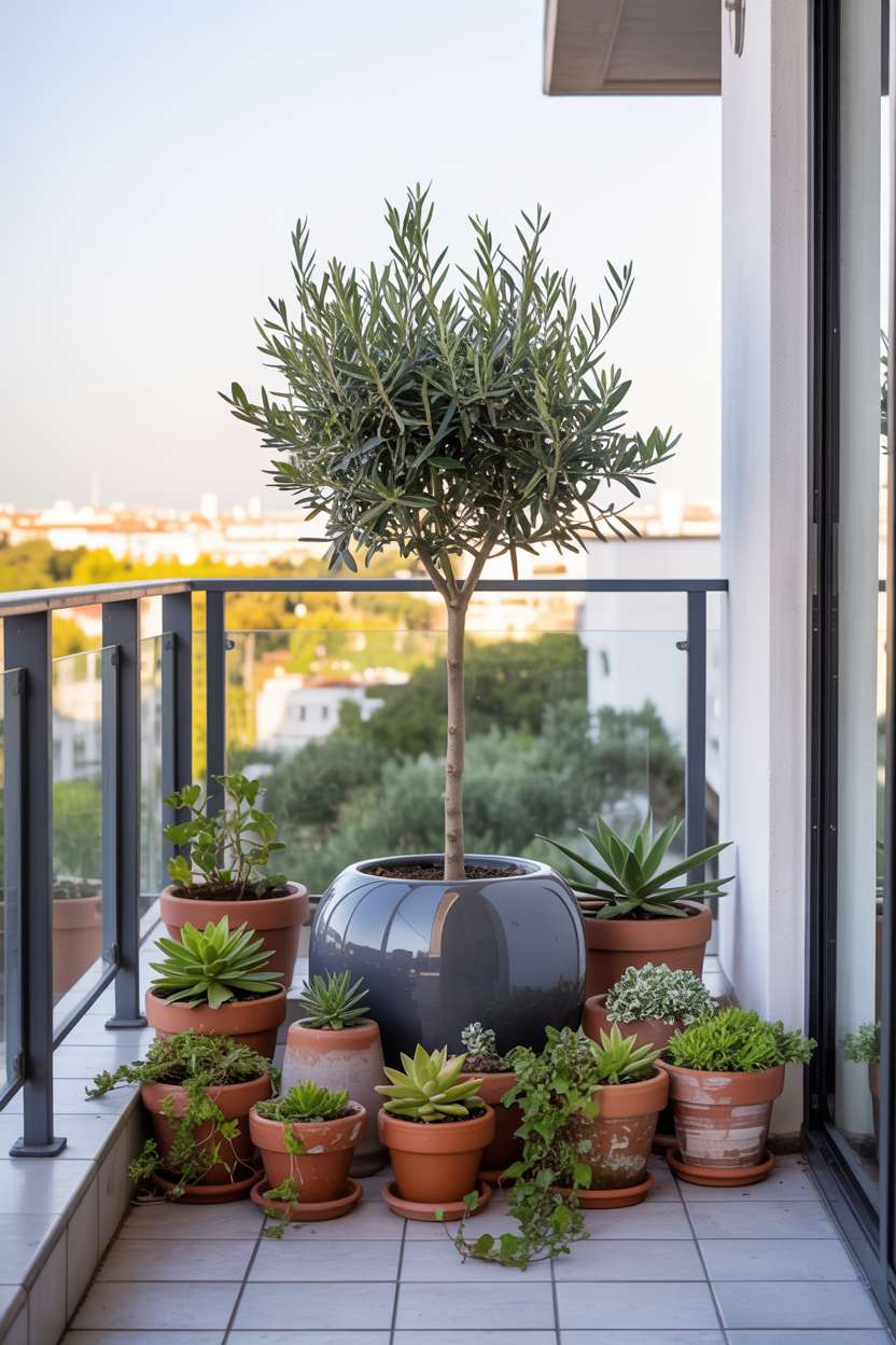 33 Beautiful Small Balcony Garden Ideas You’ll Love 17 Modern balcony with single olive tree, succulent arrangement, and glass railing