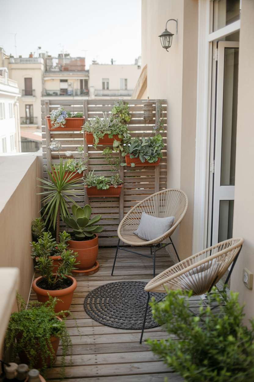 33 Beautiful Small Balcony Garden Ideas You’ll Love 18 Minimalist balcony with rattan Acapulco chairs, wooden privacy screen, and terraced planters