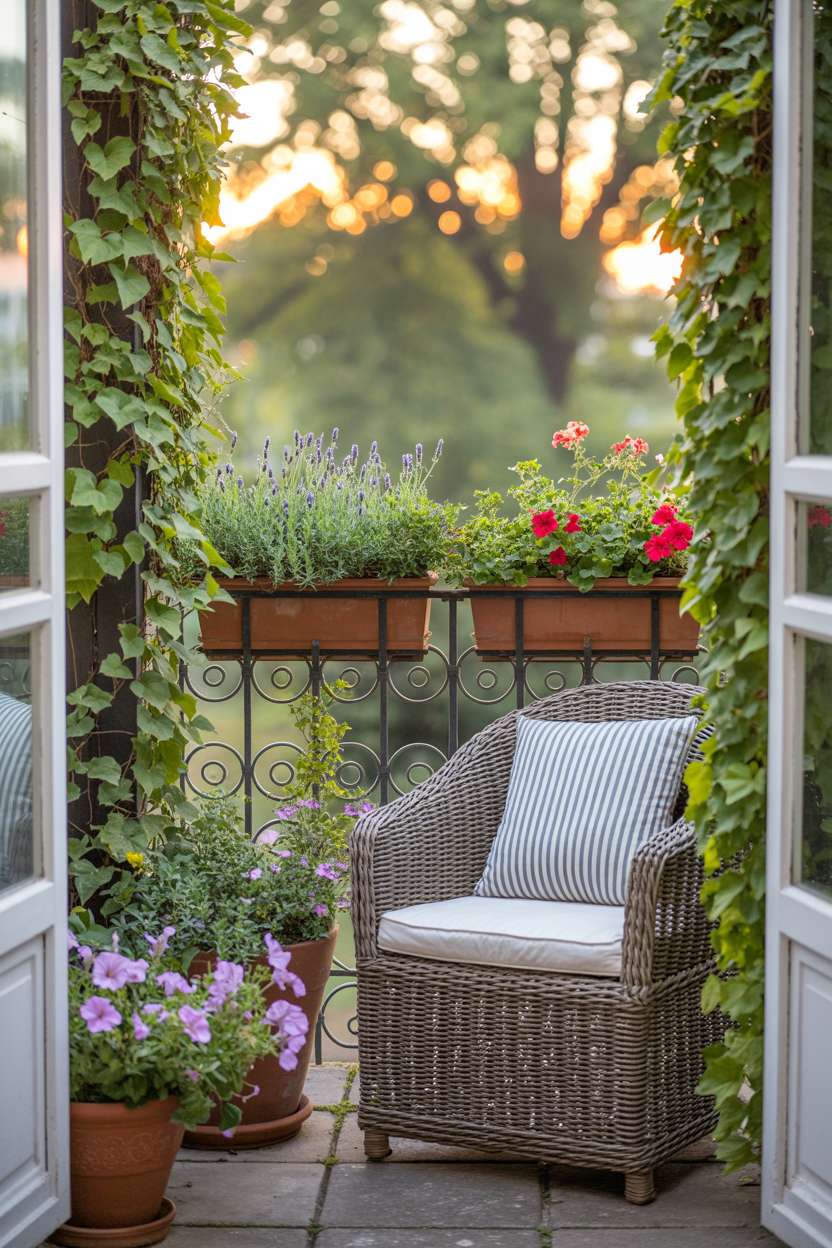 33 Beautiful Small Balcony Garden Ideas You’ll Love 19 Small balcony viewed from outside with wrought iron railing and overflowing planters
